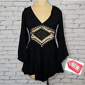 NWT Reverse Black Boho Crochet Lace Romper Bell Sleeve Festival Size XS
